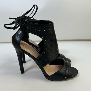 Vince Camuto Roux Black Leather Studded Lace-Up Open Toe Stiletto Sandals 6.5